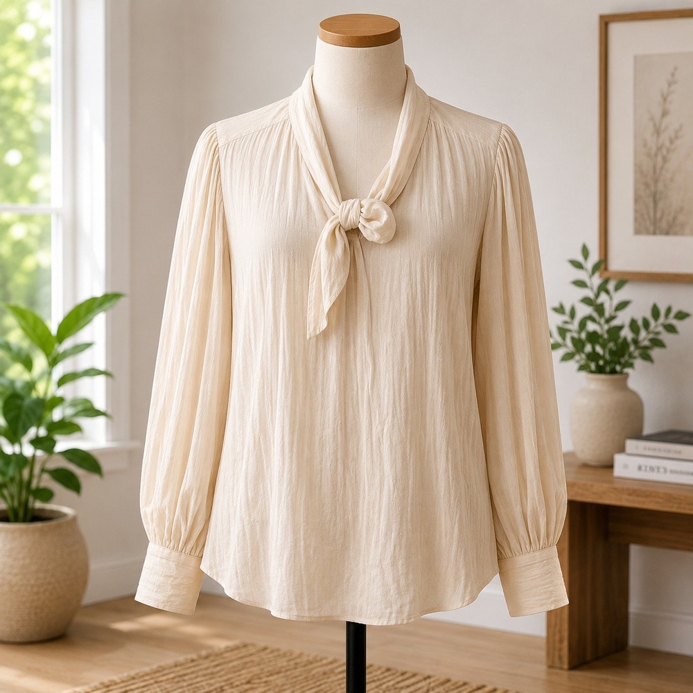 Me by Jennie Garth Blouse Womens Large Cream Tie Neck Puff Sleeve Crepe Top